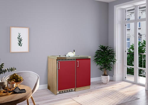 MINIKÜCHE 100 cm   in Rot, Sonoma Eiche  - Edelstahlfarben/Eichefarben, MODERN, Kunststoff/Metall (100cm) - Respekta