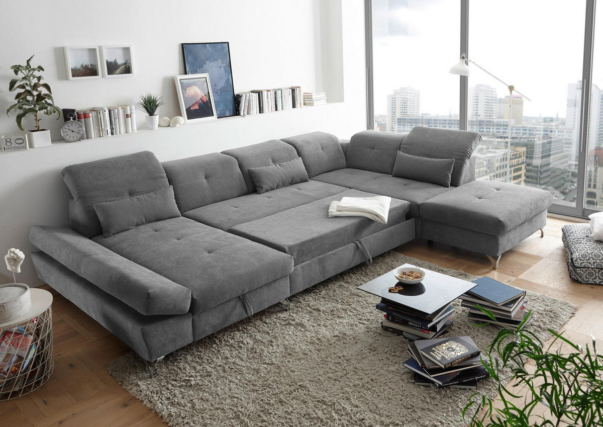 WOHNLANDSCHAFT in Mikrovelours Schlammfarben  - Schlammfarben/Silberfarben, Modern, Textil/Metall (168/350/245cm) - MID.YOU