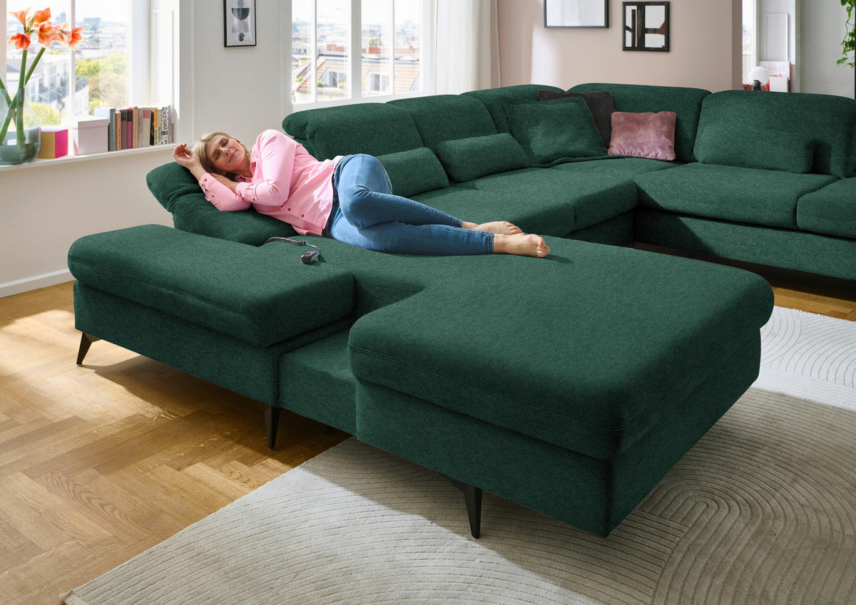 WOHNLANDSCHAFT  in Chenille Waldgrün  - Waldgrün/Schwarz, Design, Textil/Metall (198/364/255cm) - Beldomo Style