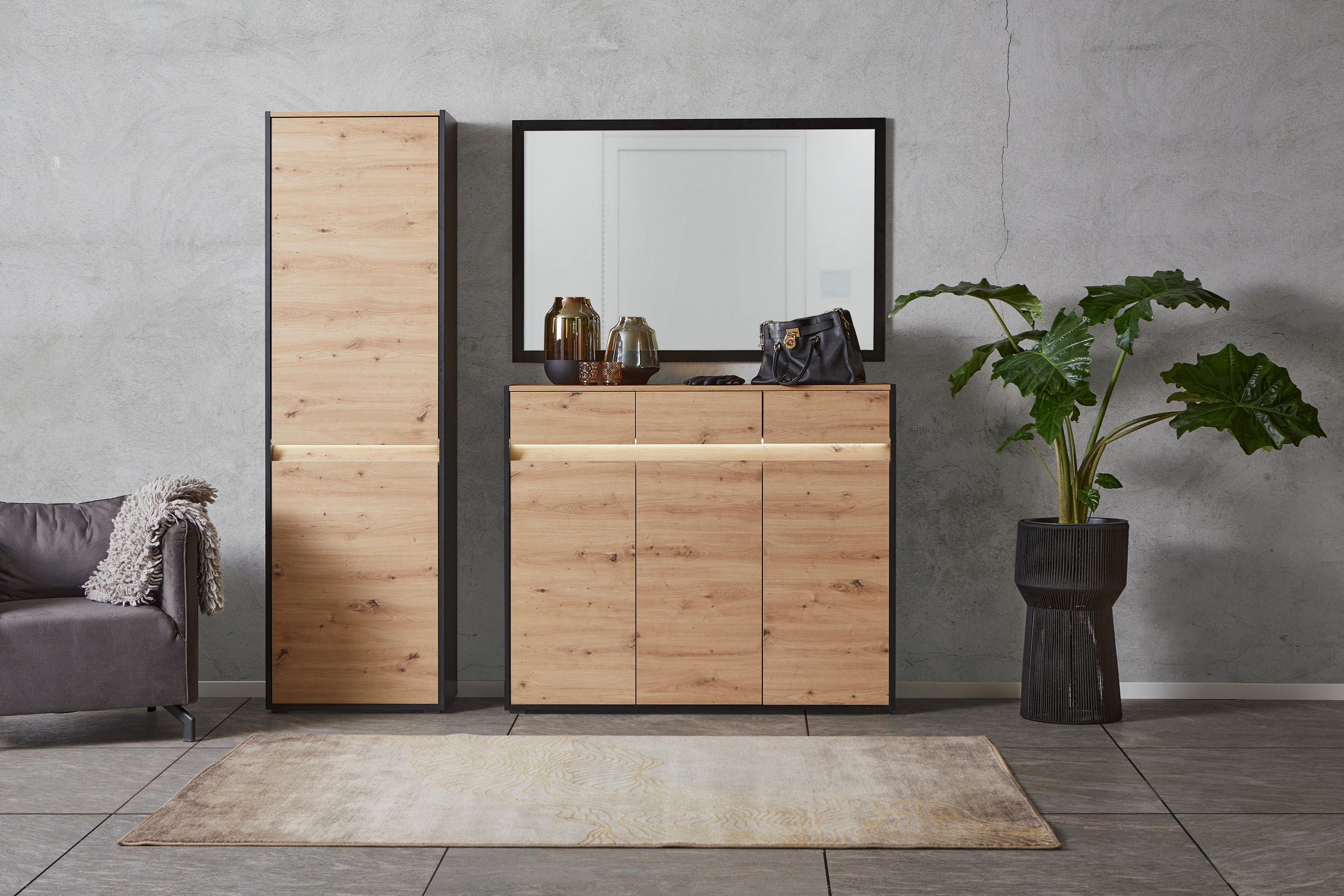 KOMMODE WELCOME  in 130,5/109/38 cm  - Schwarz/Eiche Artisan, MODERN, Holzwerkstoff/Kunststoff (130,5/109/38cm) - Boxxx