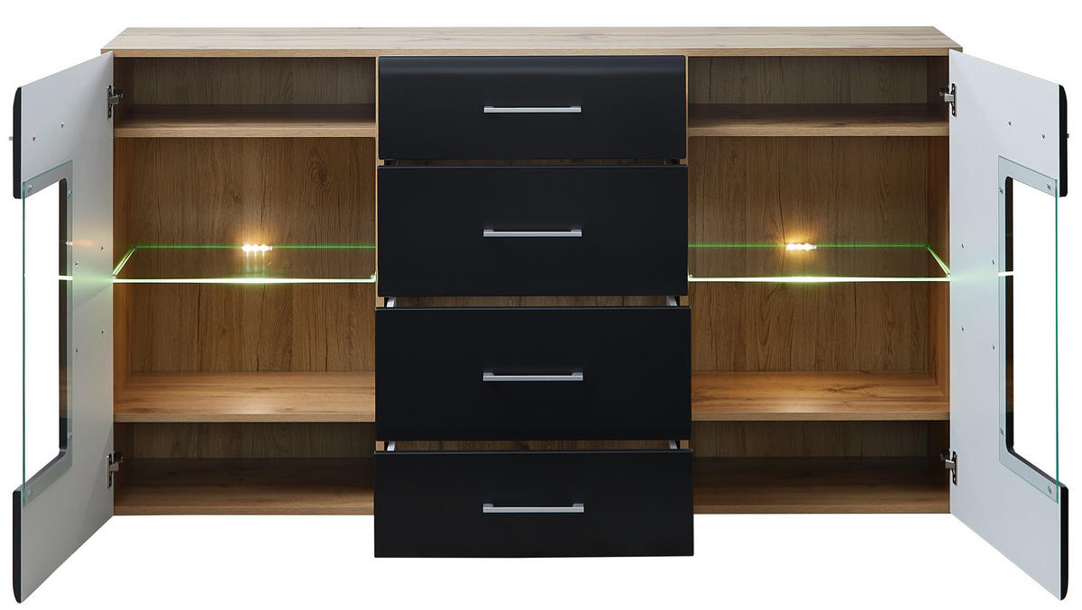 Comodă cu uşi 170/93/40 cm  - culoare crom/culoare lemn stejar, Konventionell, sticlă/metal (170/93/40cm) - Hom`in