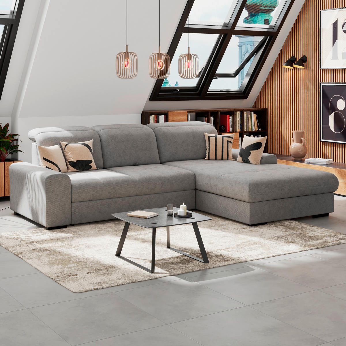 ECKSOFA Grau Chenille Rücken echt, Kopfteilverstellung  - Schwarz/Grau, KONVENTIONELL, Holz/Textil (286/203cm) - MID.YOU