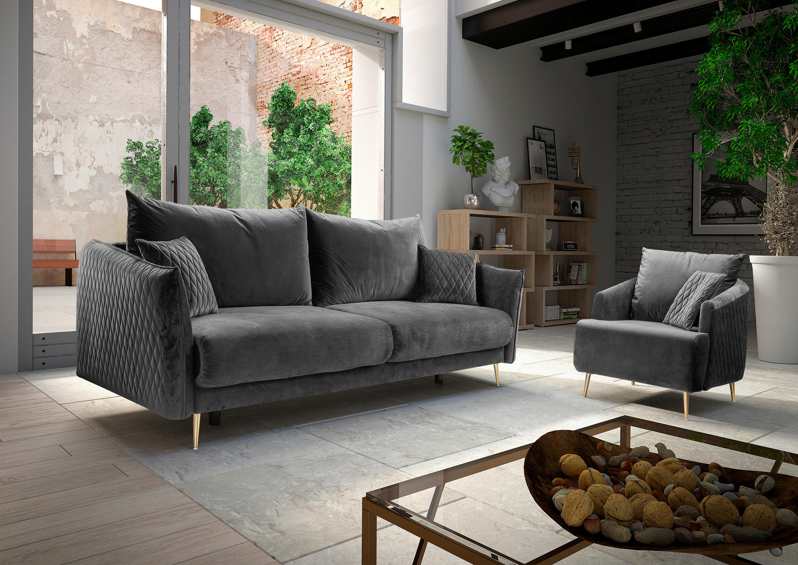 SCHLAFSOFA Samt Grau  - Goldfarben/Grau, Basics, Textil/Metall (235/96/104cm) - MID.YOU