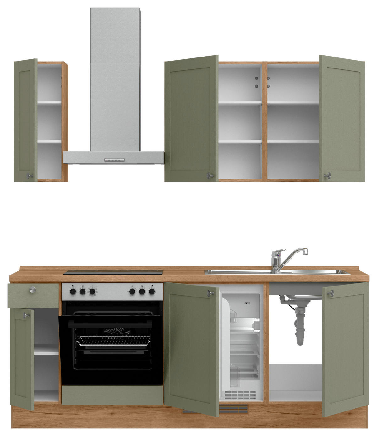 KÜCHENLEERBLOCK Frame 210 cm  in Olivgrün, Eichefarben  - Edelstahlfarben/Eichefarben, MODERN, Holzwerkstoff/Metall (210cm) - Nobilia