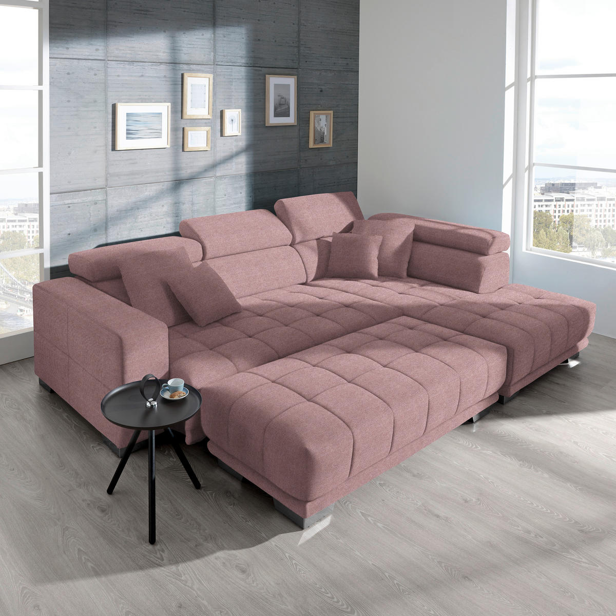 ECKSOFA in Mikrofaser Rosa  - Chromfarben/Rosa, Design, Textil/Metall (301/207cm) - Xora