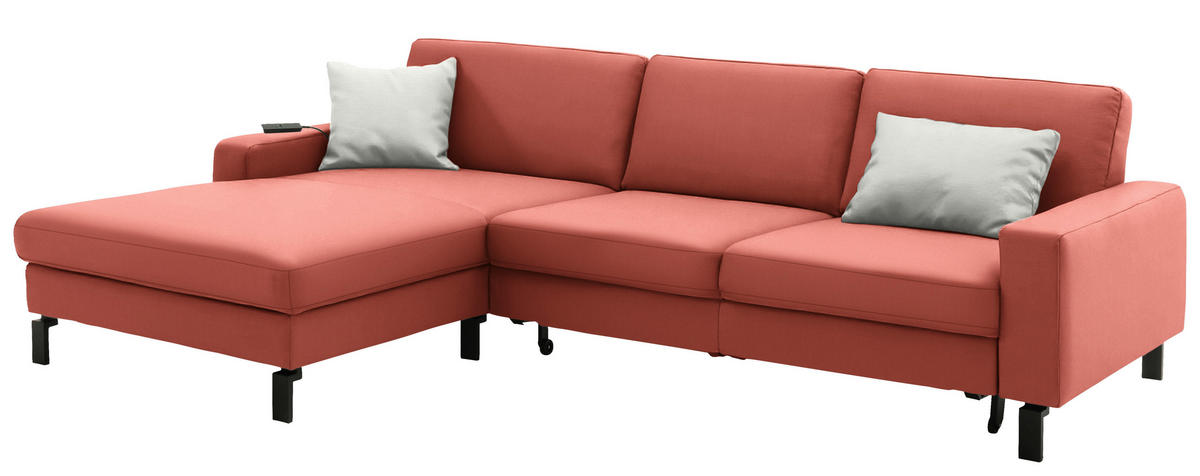 ECKSOFA  in Cord Koralle Rücken echt, Sitztiefenverstellung  185/298 cm  - Koralle/Schwarz, Design, Textil/Metall (185/298cm) - Pure Home Lifestyle