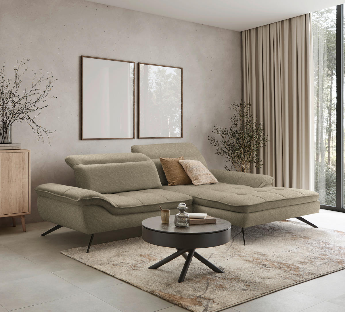 ECKSOFA in Chenille Taupe  288/179-202 cm  - Taupe/Schwarz, Design, Textil/Metall (288/179-202cm) - Stylife