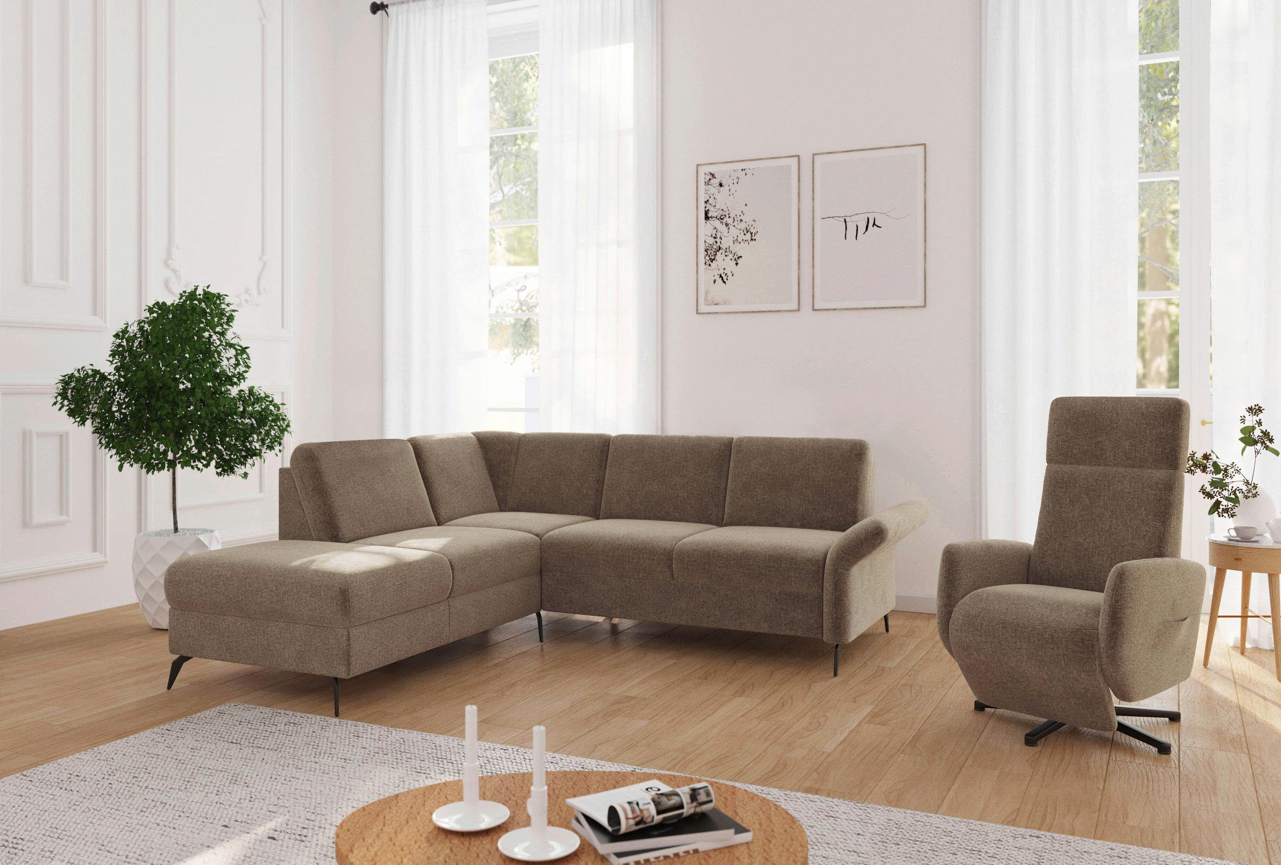 Thumbnail - Sit & More Ecksofa Rochelle E, Hellbraun, Textil, 5,5-Sitzer, Ottomane links, L-Form, 240x216 cm, Goldenes M, Oeko-Tex® ...