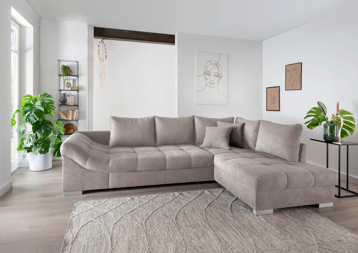 ECKSCHLAFSOFA  in Mikrofaser Taupe  - Taupe/Silberfarben, Design, Holz/Textil (298/202cm) - MID.YOU