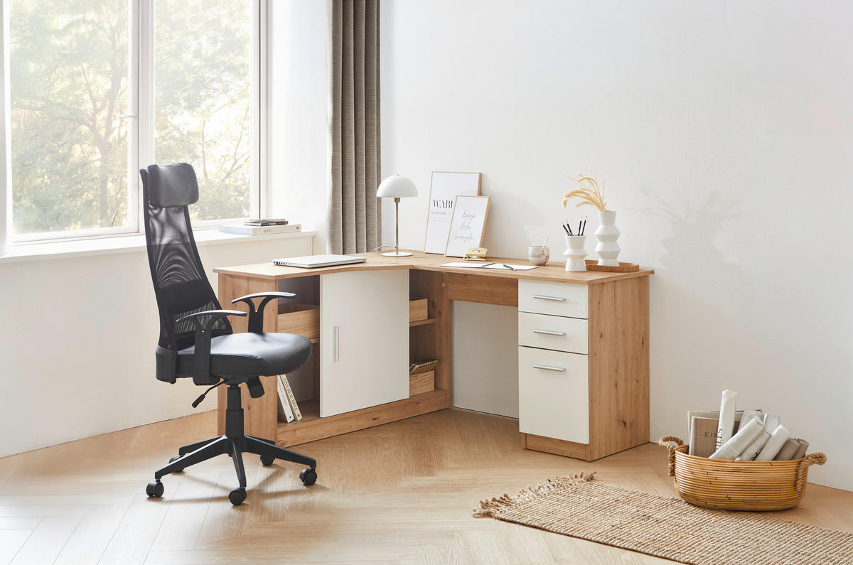 ECKSCHREIBTISCH 120/150/75 cm  in Weiß, Eichefarben  - Eichefarben/Alufarben, KONVENTIONELL, Holzwerkstoff/Kunststoff (120/150/75cm) - Venda
