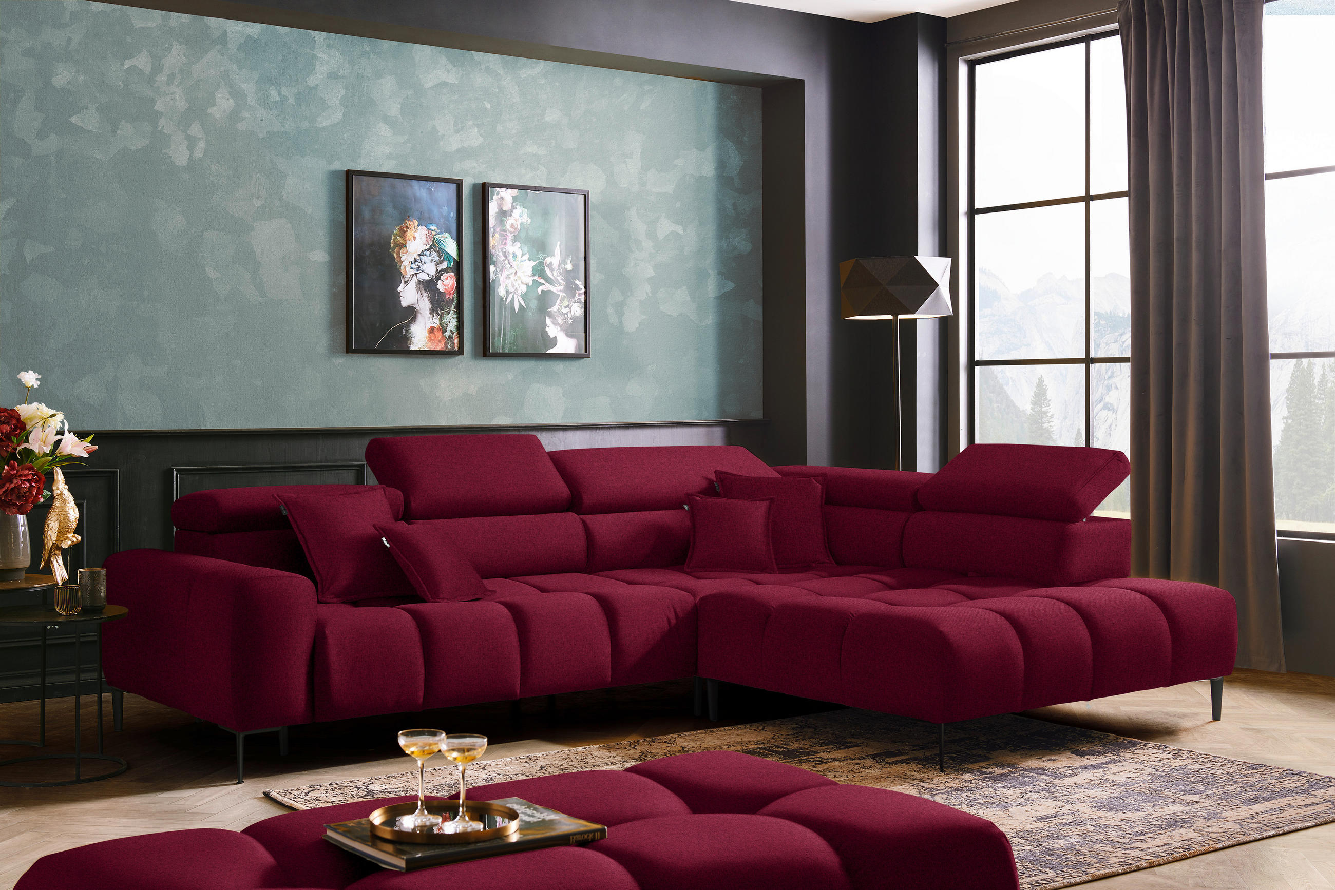 ECKSOFA Rot Webstoff  - Rot/Schwarz, Design, Textil/Metall (300/216cm) - Welnova