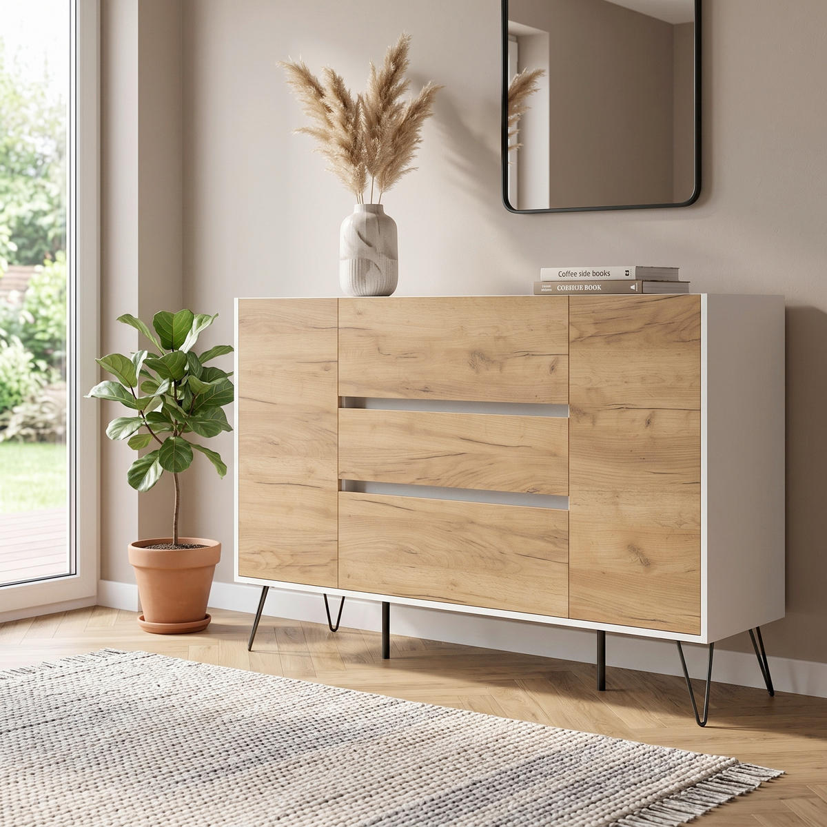 SIDEBOARD Posseik Industrial 155/93,6/42 cm 3 Schublade(n)  - Eichefarben/Weiß Hochglanz, Design, Holzwerkstoff/Metall (155/93,6/42cm) - MID.YOU