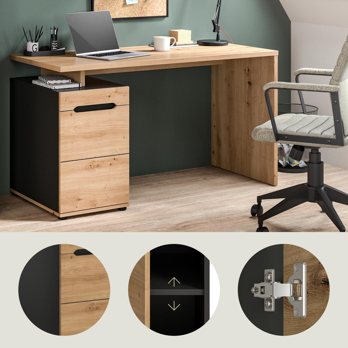 SCHREIBTISCH  Anthrazit, Eiche Artisan   - Anthrazit/Schwarz, MODERN, Holzwerkstoff (140/75/60cm) - Livetastic