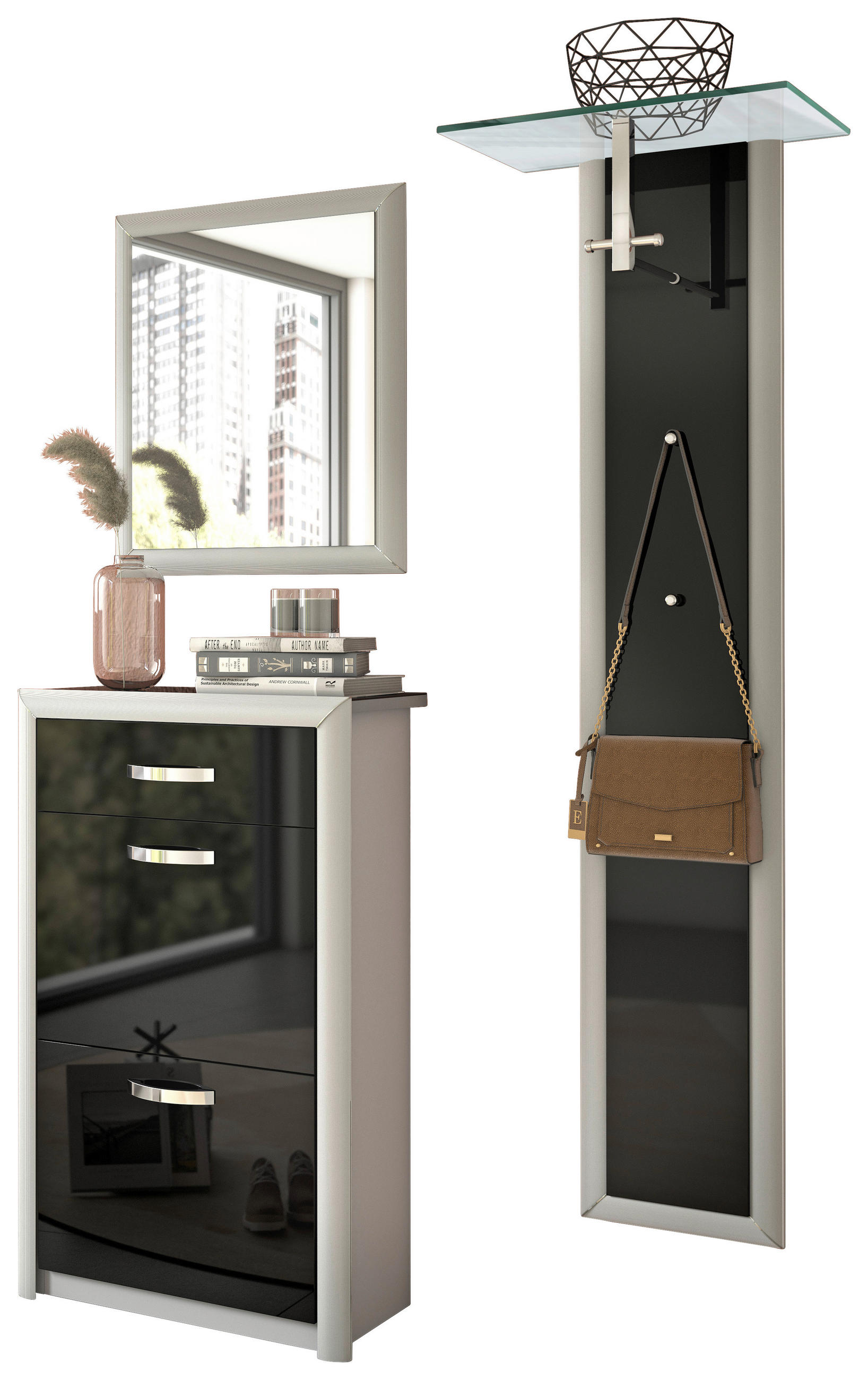 GARDEROBE 3-teilig  in 130/195/36 cm  - Schwarz/Alufarben, Design, Glas/Holzwerkstoff (130/195/36cm) - Dieter Knoll