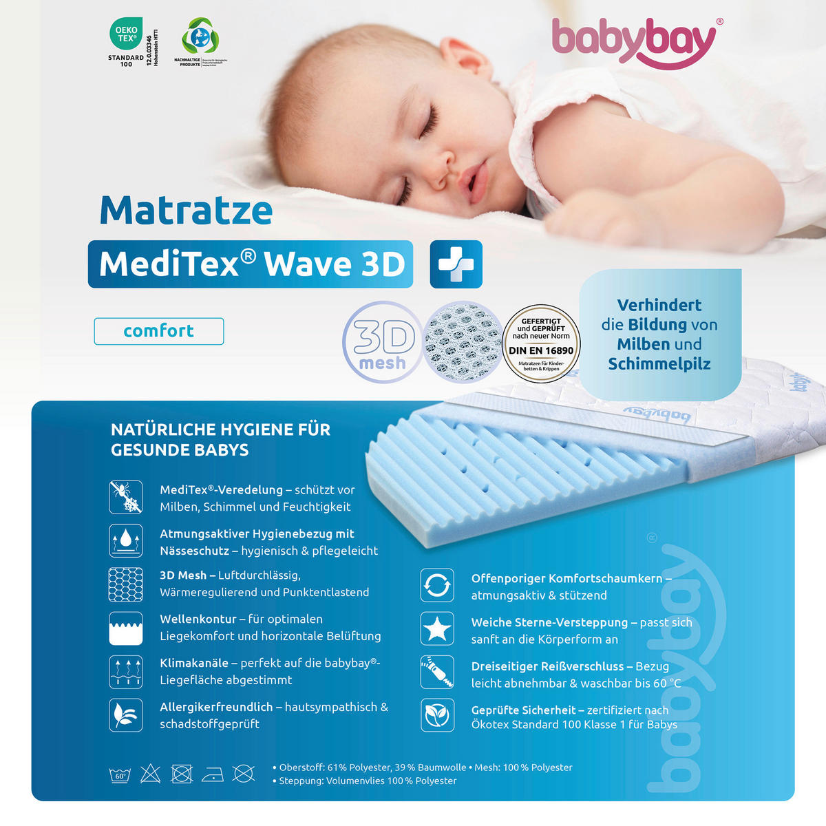 BEISTELLBETTMATRATZE babybay® Matratze MediTex® Wave 3D  - Multicolor, Basics, Naturmaterialien (81/39,5/5cm) - Babybay