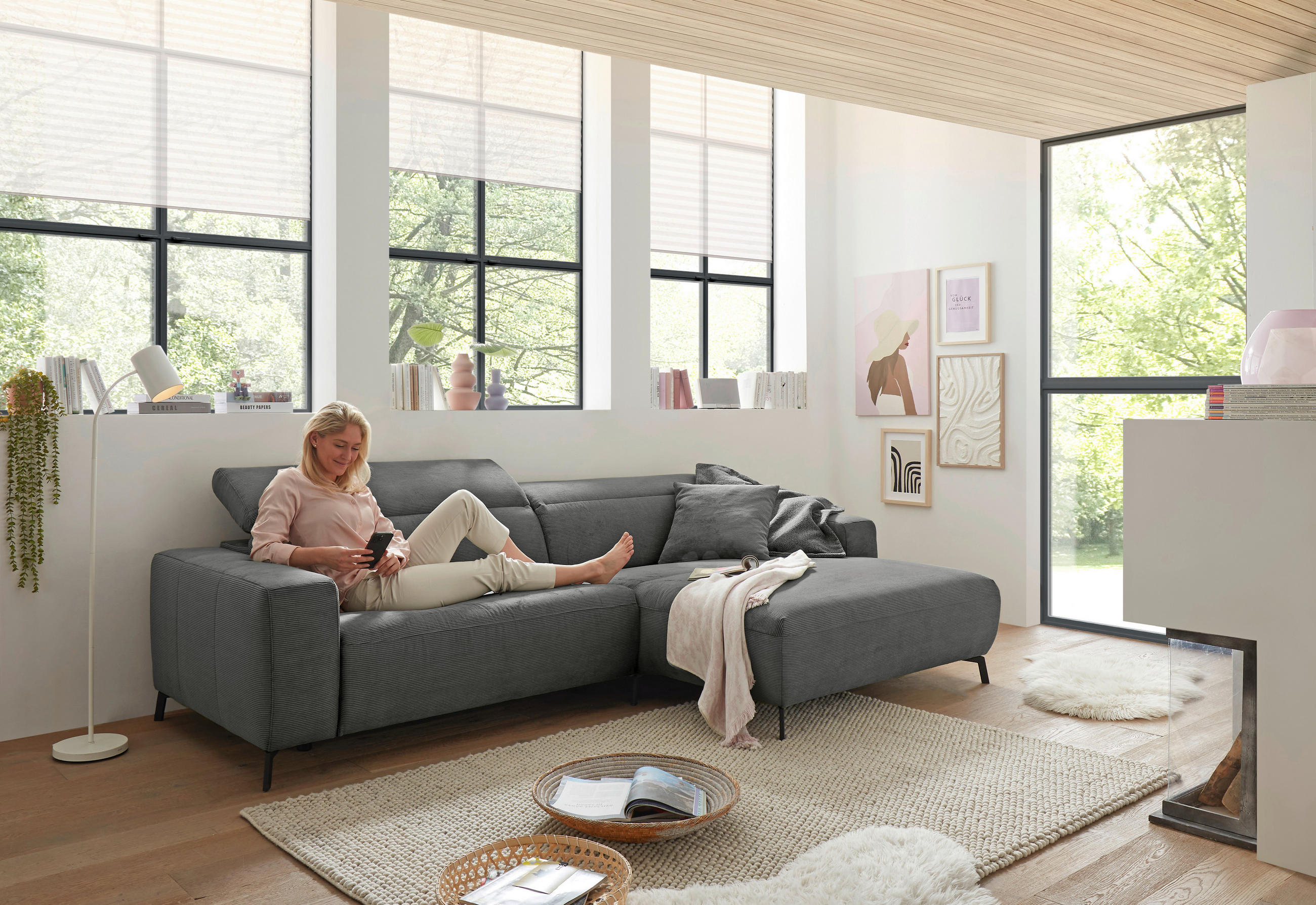 ECKSOFA Anthrazit Feincord  - Anthrazit/Schwarz, Design, Textil/Metall (294/172-177cm) - Pure Home Lifestyle