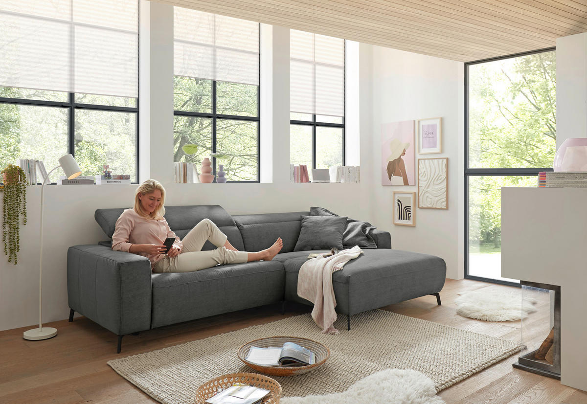 ECKSOFA in Feincord Anthrazit  - Anthrazit/Schwarz, Design, Textil/Metall (294/172-177cm) - Pure Home Lifestyle