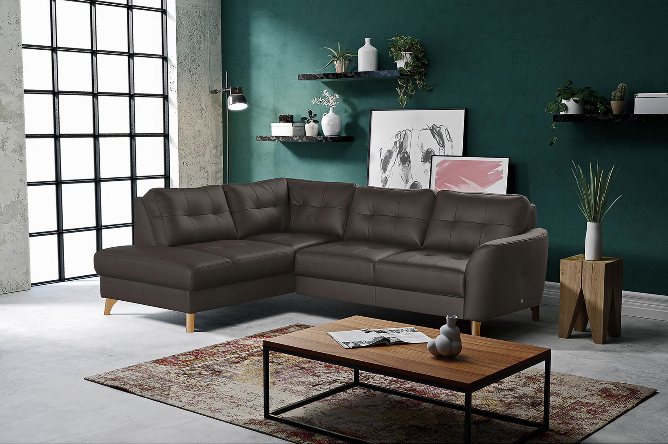 ECKSOFA Dunkelbraun Echtleder Lederlook  - Dunkelbraun/Buchefarben, Design, Leder/Holz (190/236cm) - Livetastic
