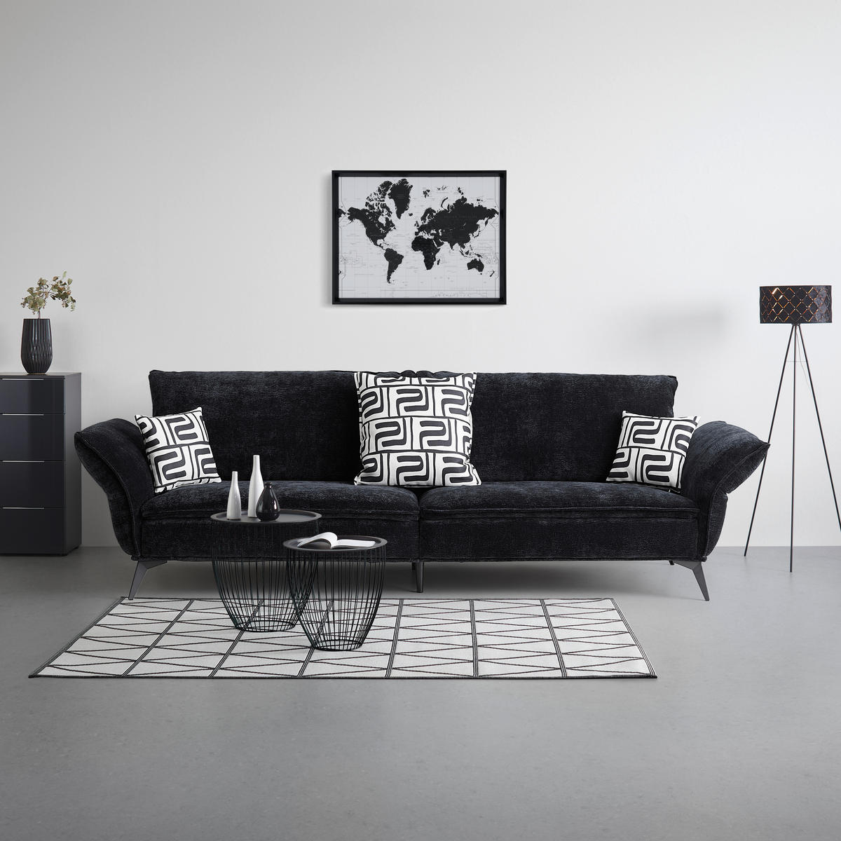 Megasofa Ottawa Svart i flatväv svart  - svart, Modern, metall/textil (272/87/107cm) - Premium Living