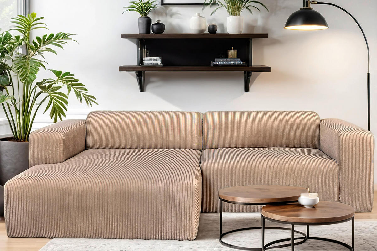 ECKSOFA BASMA Hellbraun Cord  - Hellbraun/Schwarz, Design, Kunststoff/Textil (175/298cm) - P & B