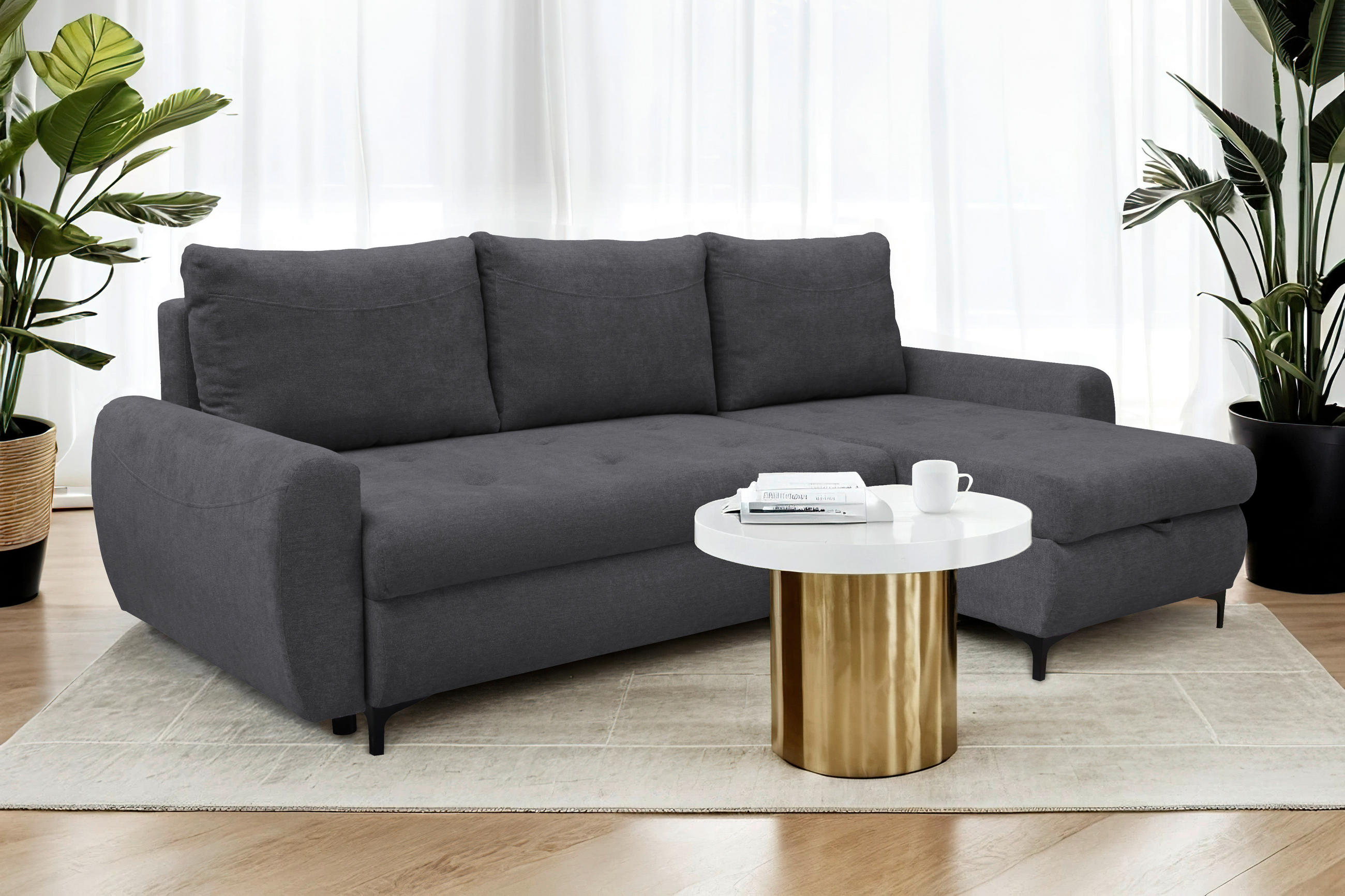 ECKSCHLAFSOFA Mikrofaser Graphitfarben  - Schwarz/Graphitfarben, KONVENTIONELL, Textil/Metall (237/146cm) - Livetastic