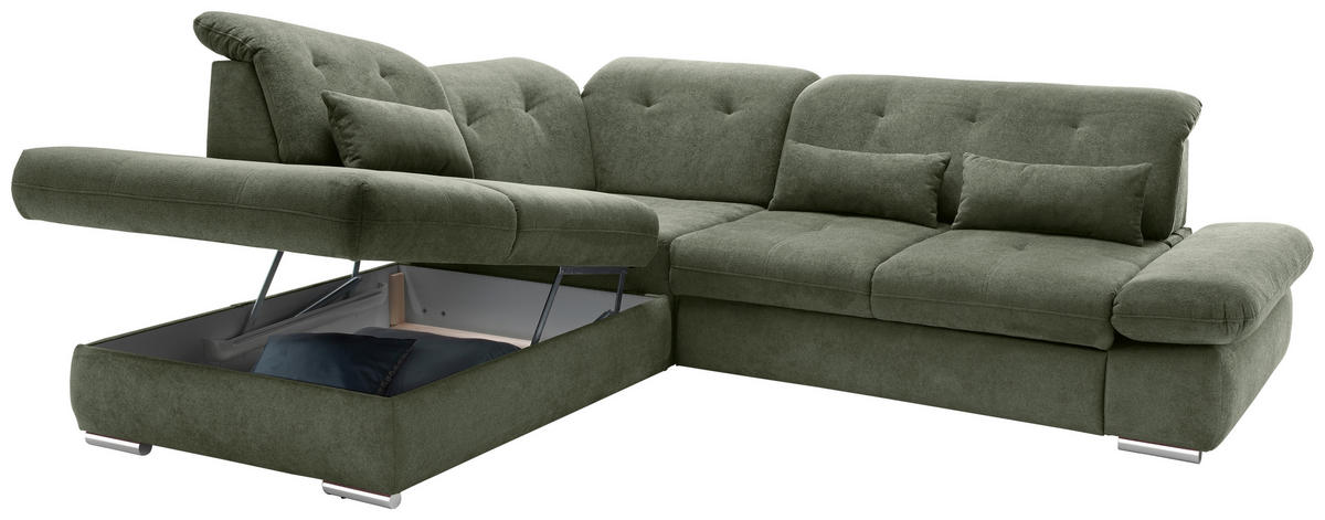 ECKSOFA in Chenille Dunkelgrün  - Chromfarben/Dunkelgrün, Modern, Textil/Metall (254/280cm) - Livetastic