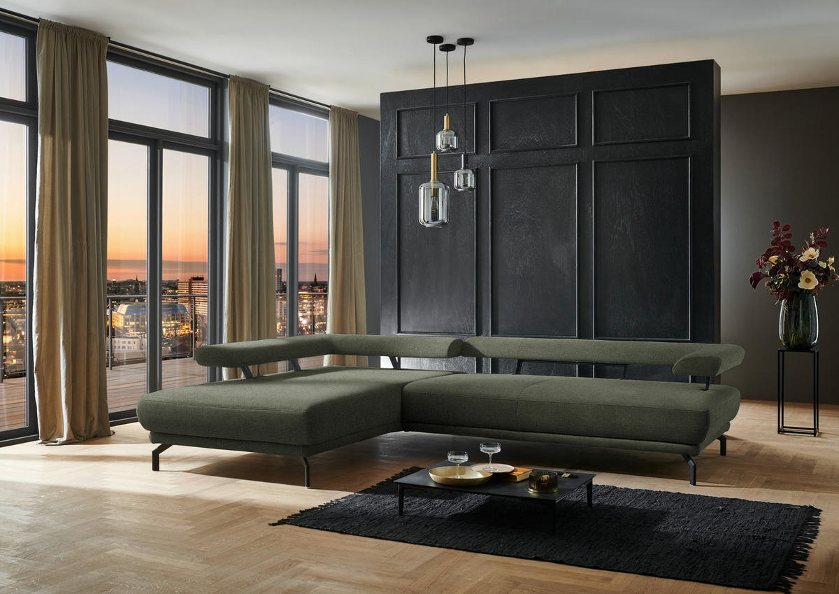 ECKSOFA in Chenille Olivgrün  - Schwarz/Olivgrün, Design, Textil/Metall (224/305cm) - Dieter Knoll