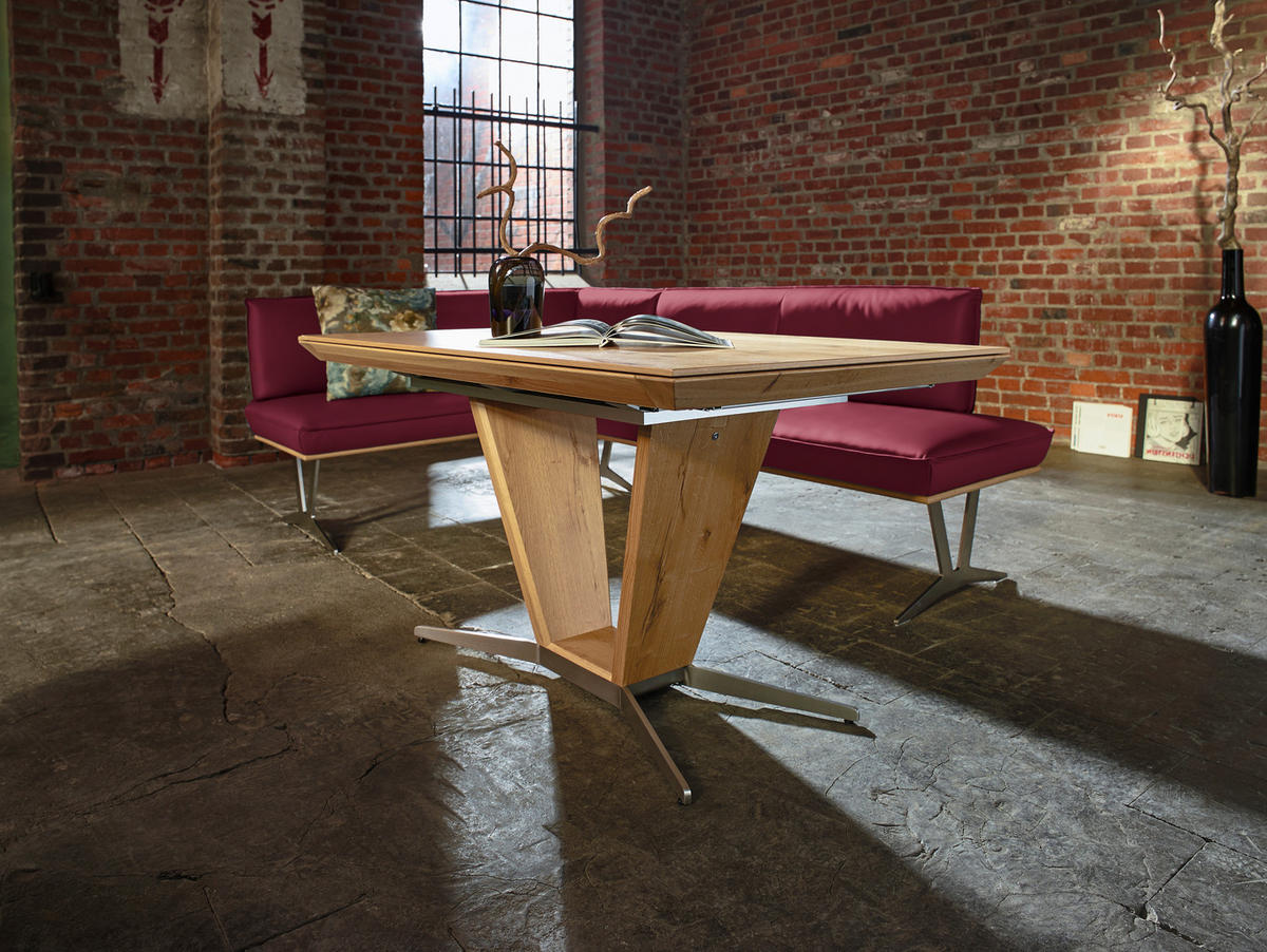 ECKBANK in Holz, Metall, Leder Weinrot  - Edelstahlfarben/Beige, Design, Leder/Holz (152/257cm) - Ambiente