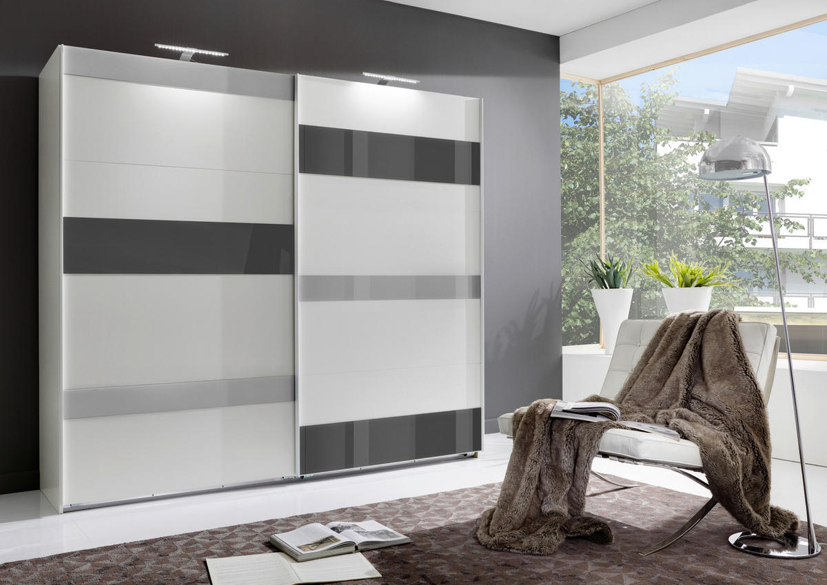 SCHWEBETÜRENSCHRANK in Grau, Weiss, Hellgrau  - Weiss/Hellgrau, Modern, Glas/Holzwerkstoff (180/210/65cm) - MID.YOU