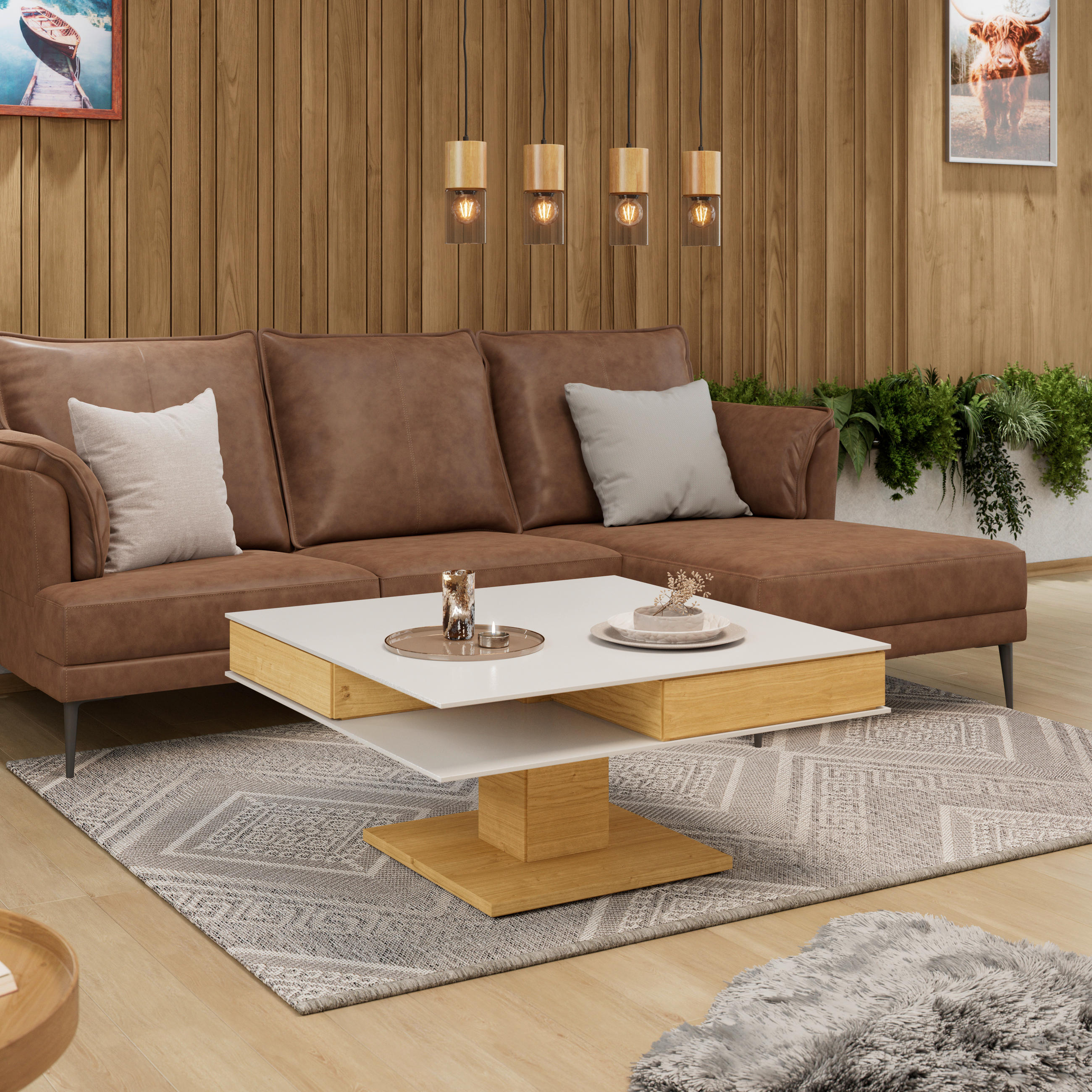 COUCHTISCH in Holz, Glas, Holzwerkstoff 90/90/43 cm  - Weiss/Eichefarben, Design, Glas/Holz (90/90/43cm) - Voglauer