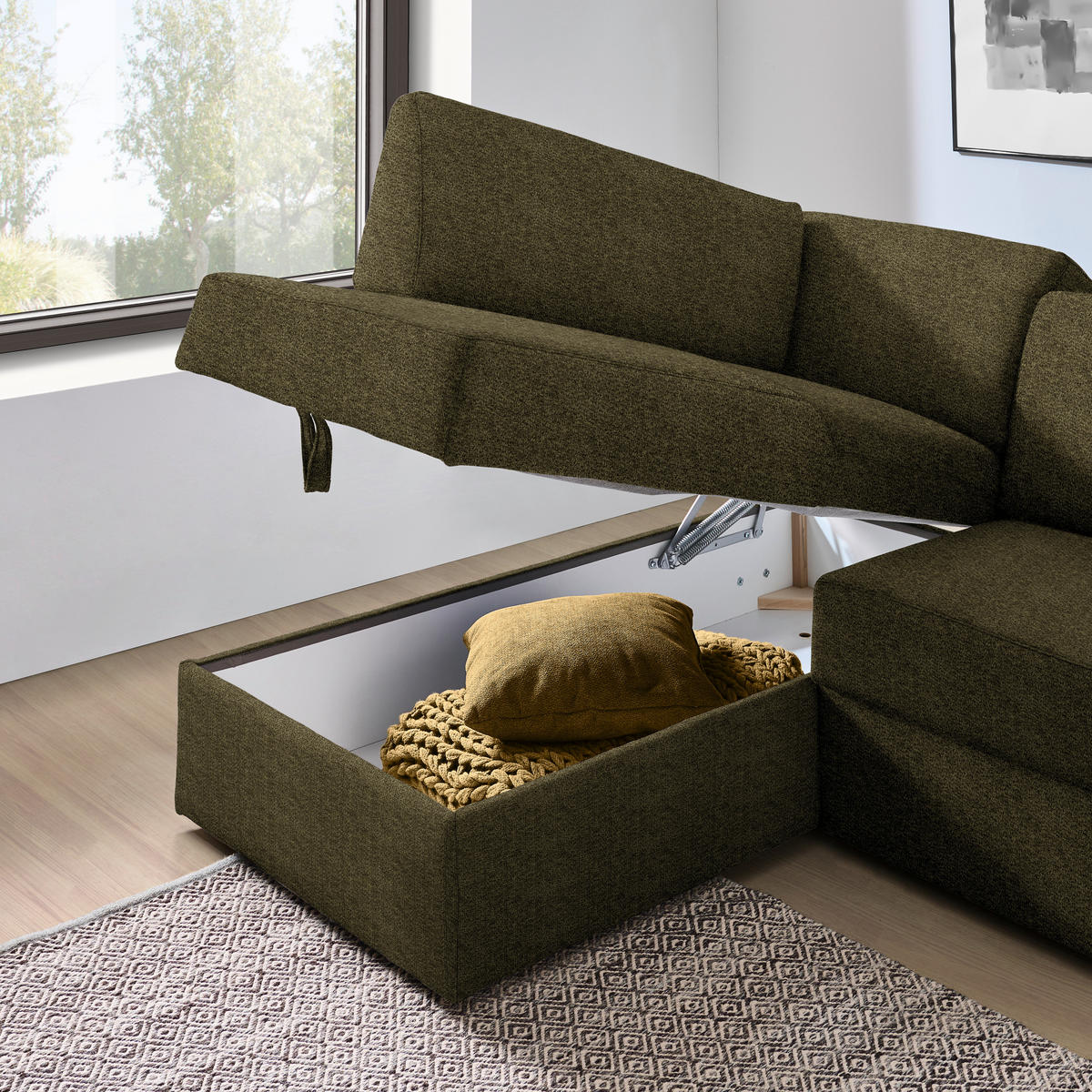 ECKSOFA in Webstoff Olivgrün  165/224 cm  - Schwarz/Olivgrün, KONVENTIONELL, Kunststoff/Textil (165/224cm) - Xora