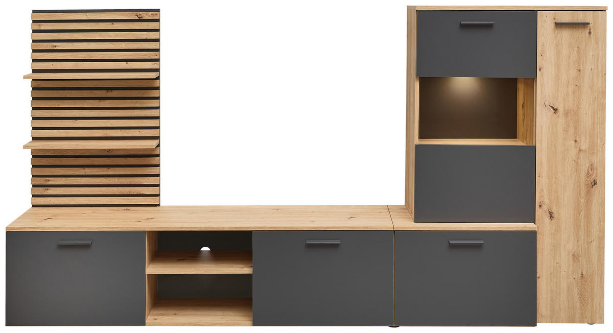 WOHNWAND  in Anthrazit, Eiche Artisan  250/135/38 cm  - Anthrazit/Schwarz, Design, Glas/Holzwerkstoff (250/135/38cm) - MID.YOU