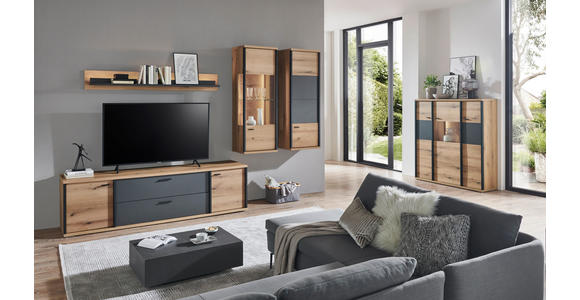 WOHNWAND  in Schwarz, Eichefarben, Dunkelgrau  314,6/208,5/50 cm  - Eichefarben/Dunkelgrau, KONVENTIONELL, Glas/Holzwerkstoff (314,6/208,5/50cm) - Xora