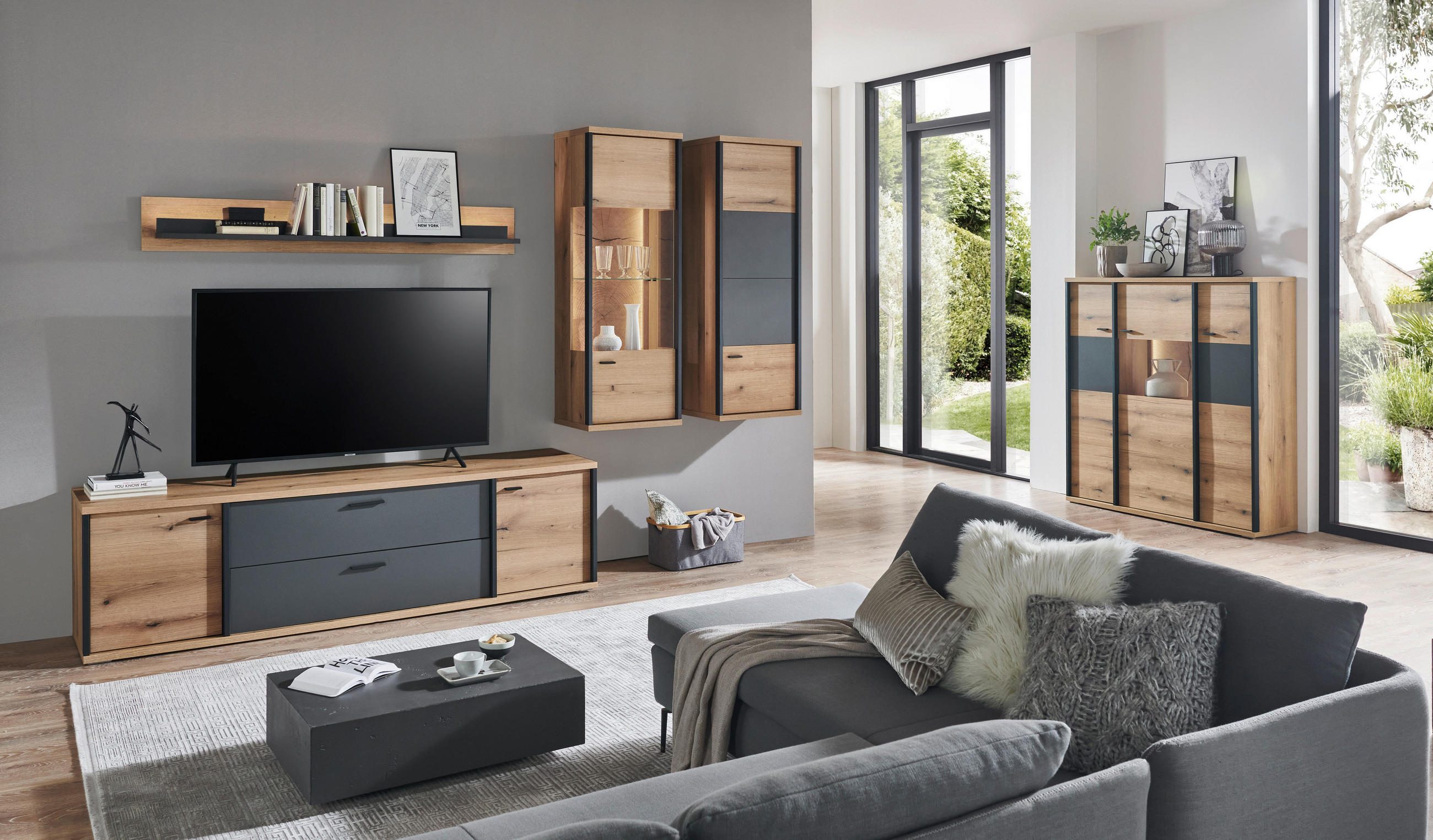 HÄNGEVITRINE Schwarz, Eichefarben, Dunkelgrau  49,8/140,6/38 cm  - Eichefarben/Dunkelgrau, Konventionell, Holzwerkstoff/Metall (49,8/140,6/38cm) - Xora