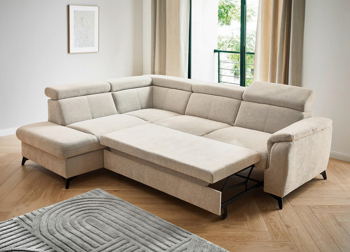 Ecksofa inkl. Funktionen in Chenille Naturfarben  - Schwarz/Naturfarben, Design, Textil/Metall (203/260cm) - Stylife