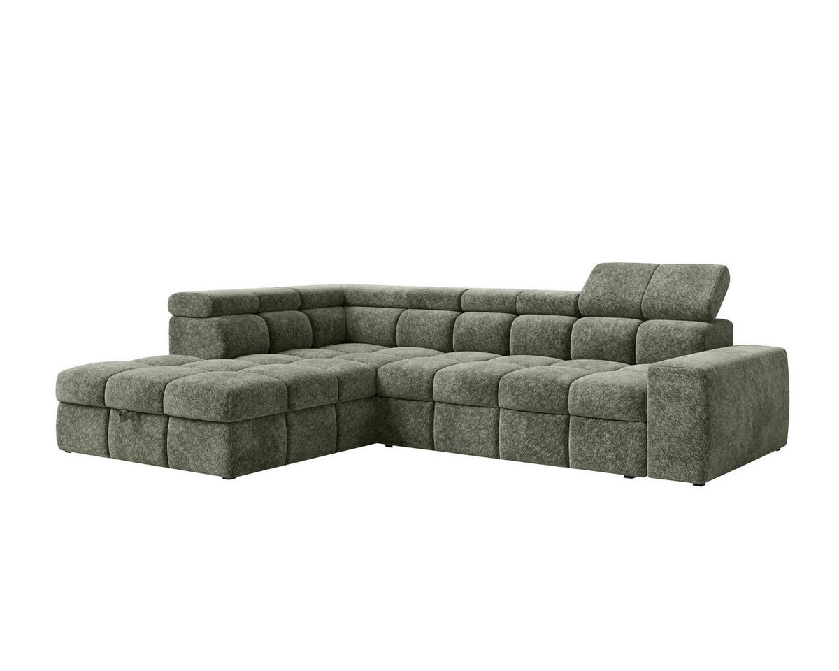 ECKSOFA Dunkelgrün Chenille Bettkasten, Schlaffunktion, Rücken echt, Kopfteilverstellung, Liegefläche im Originalstoff  - Dunkelgrün/Schwarz, MODERN, Kunststoff/Textil (204/292cm) - Milino