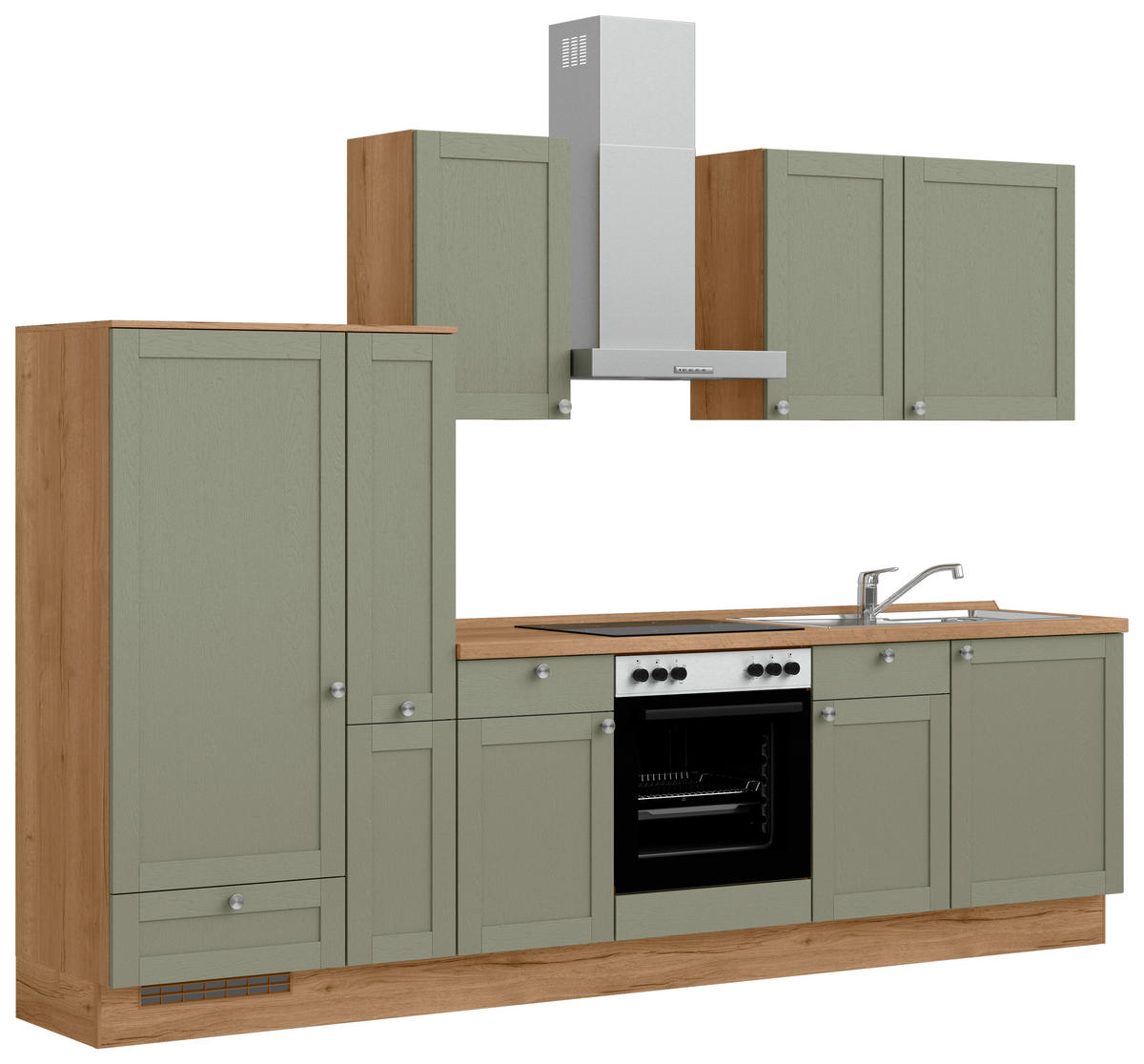 KÜCHENLEERBLOCK Frame 300 cm  in Eichefarben, Olivgrün  - Edelstahlfarben/Eichefarben, MODERN, Holzwerkstoff/Metall (300cm) - Nobilia