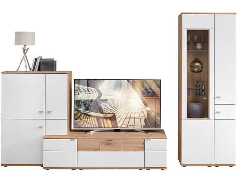 WOHNWAND  in Weiß, Alteiche  315/215/53 cm  - Alteiche/Alufarben, KONVENTIONELL, Glas/Holzwerkstoff (315/215/53cm) - Venda