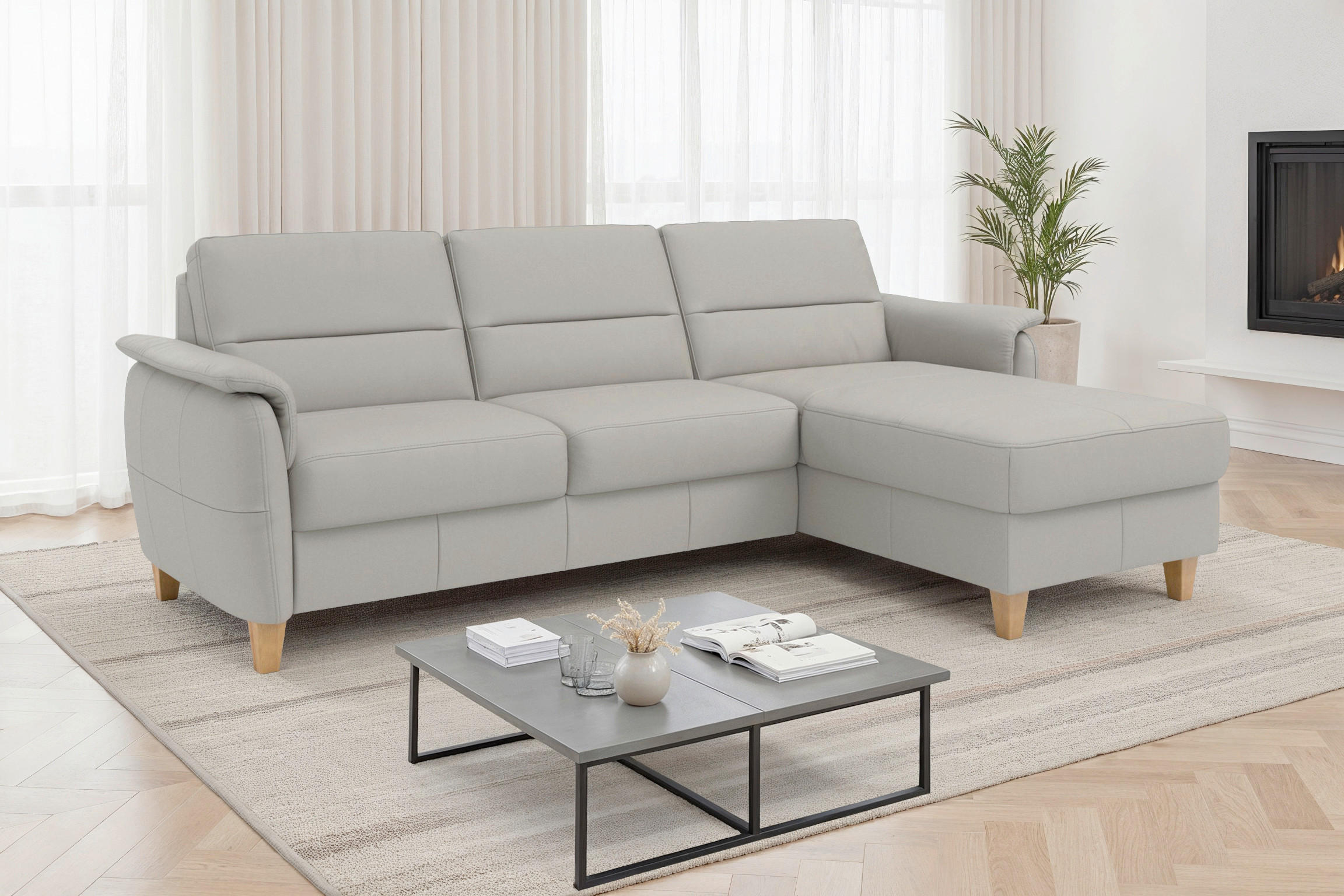 ROHOVÁ SEDAČKA, kůže, světle šedá - barvy dubu/světle šedá, Basics, dřevo/textil (244/163cm) - Sit & More