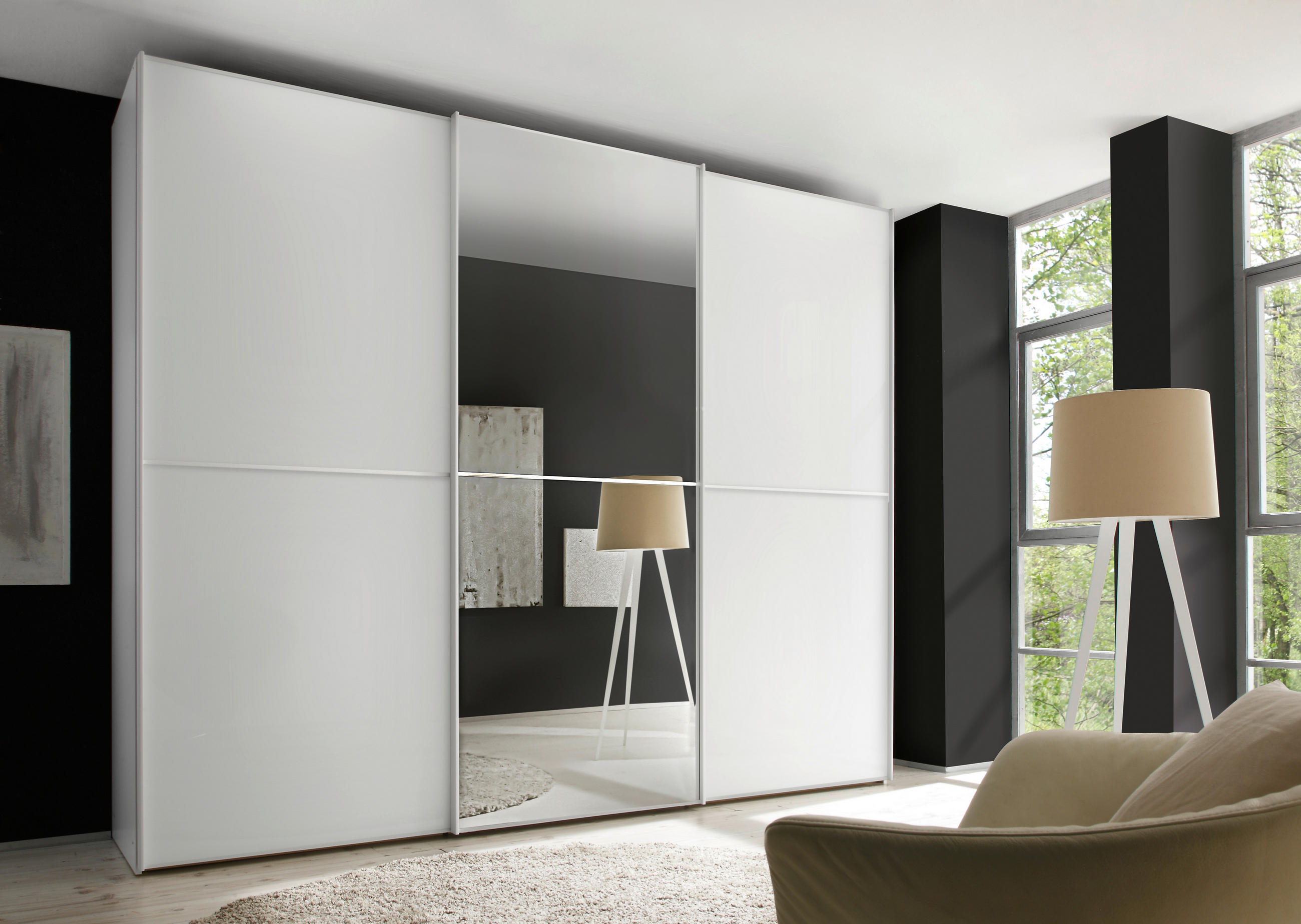 TOLÓAJTÓS SZEKRÉNY fehér  - alumínium színű/fehér, Design, faalapú anyag/Üveg (249/240/68cm) - Moderano