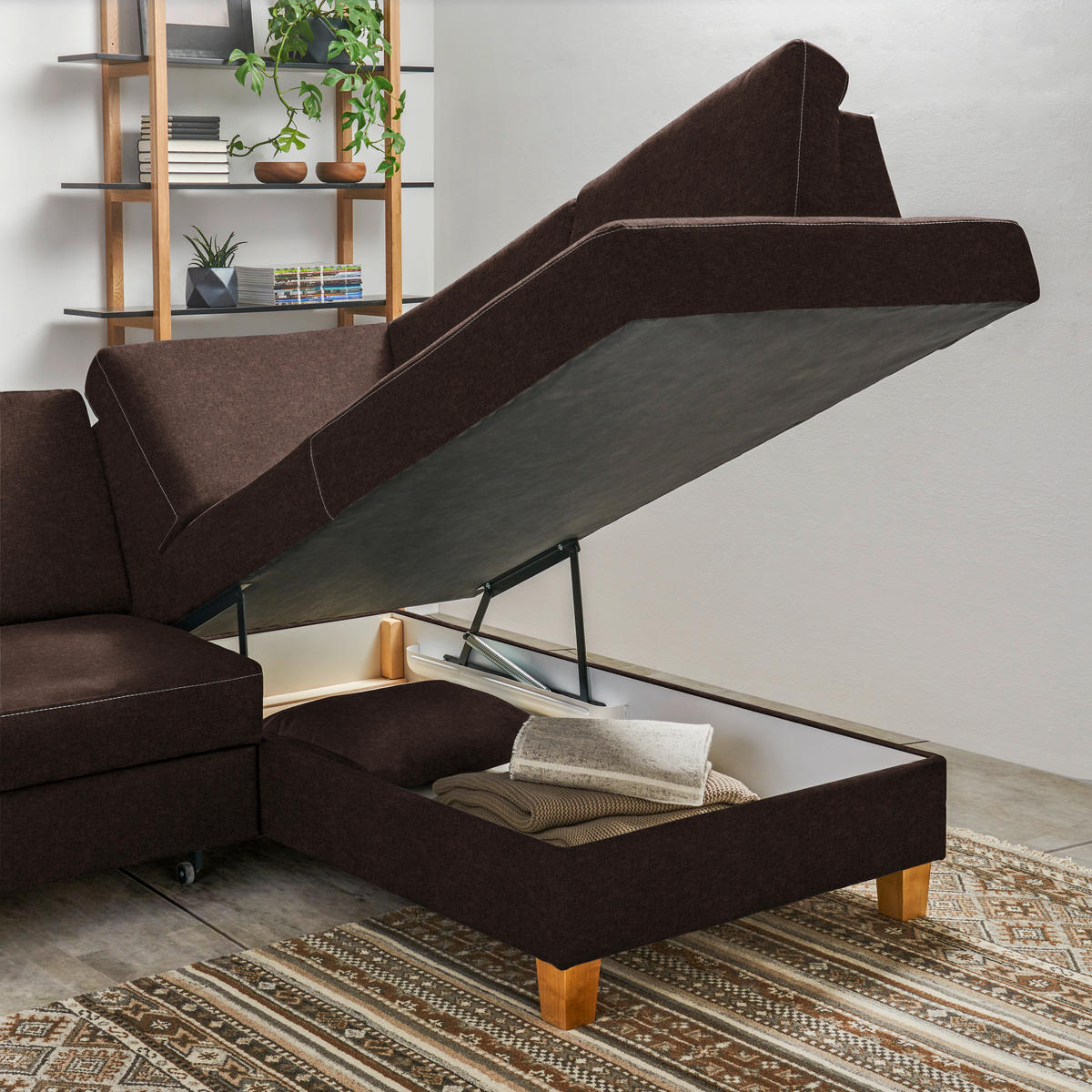 ECKSOFA in Flachgewebe Braun  - Eichefarben/Braun, Design, Holz/Textil (253/185cm) - Cantus
