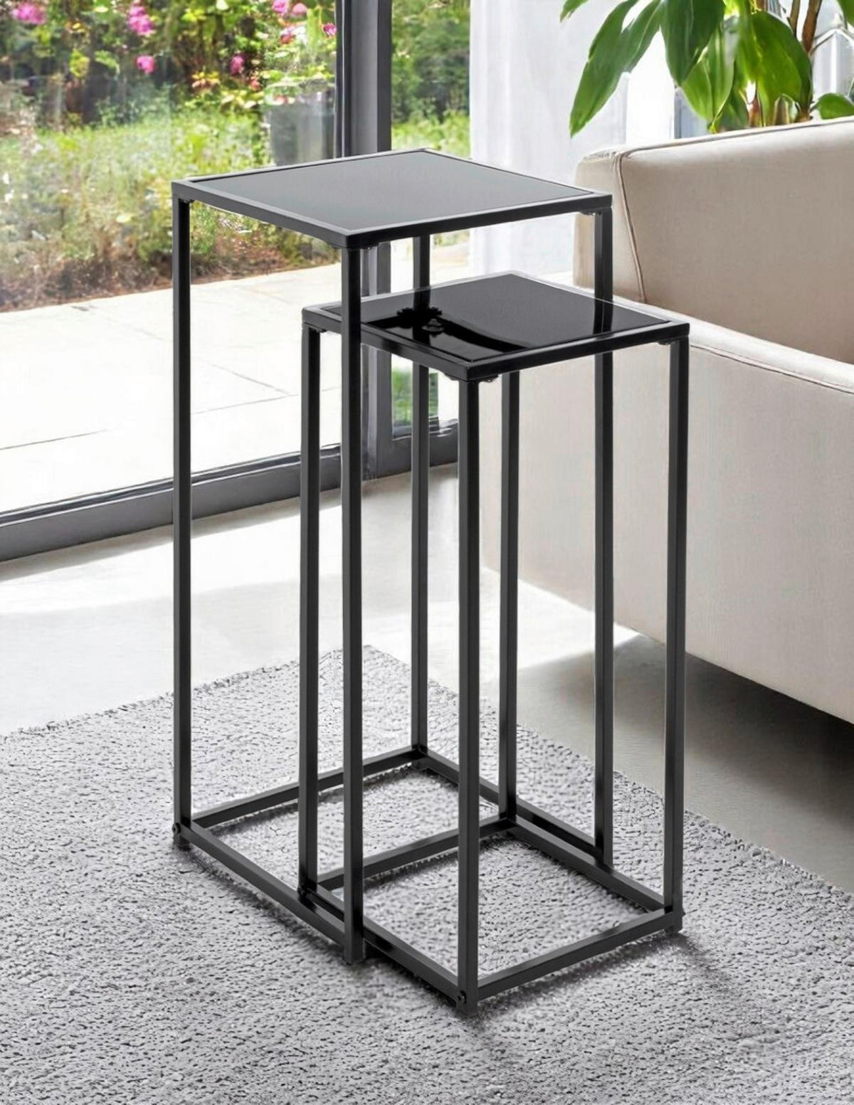 BLUMENTISCHSET in Metall, Glas 25-30/25-30/60-70 cm  - Schwarz, Design, Glas/Metall (25-30/25-30/60-70cm)