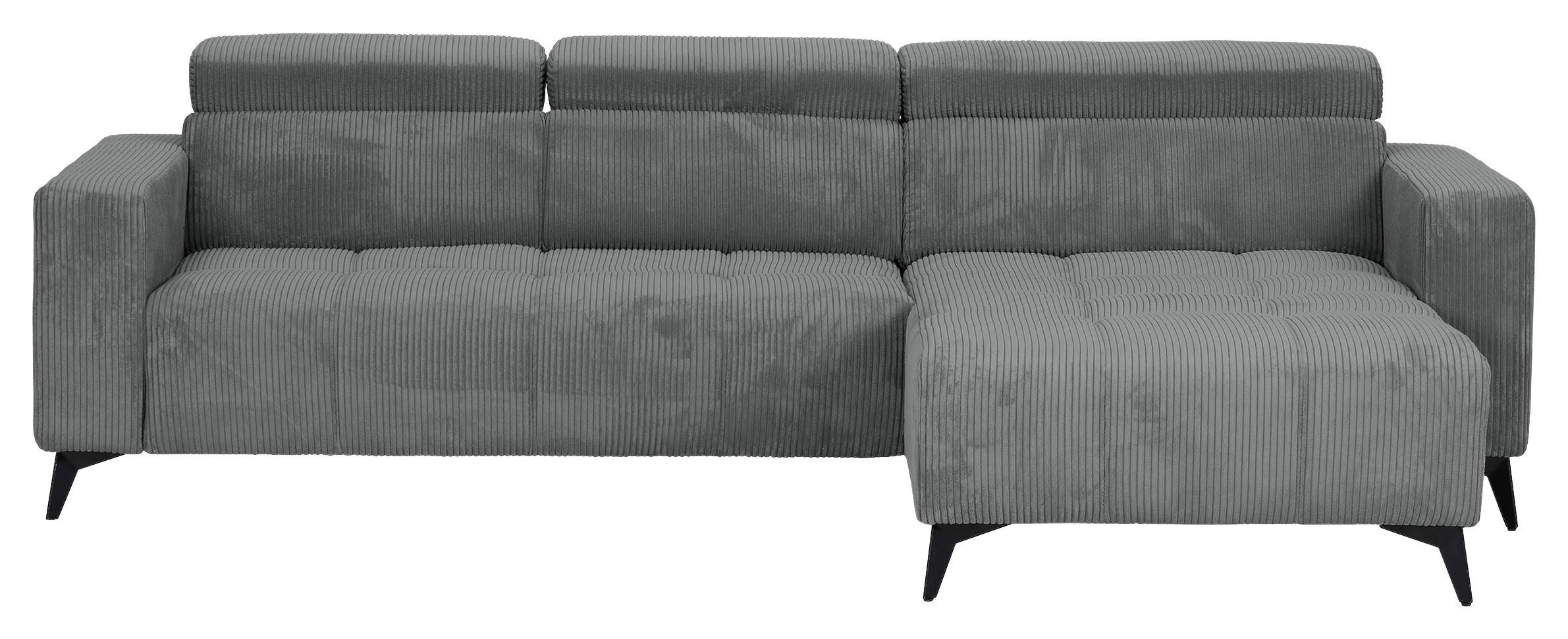 ECKSOFA Dunkelgrau Cord Rücken echt, Kopfteilverstellung, Sitzvorzug  - Dunkelgrau/Schwarz, KONVENTIONELL, Textil/Metall (257/170cm) - Carryhome