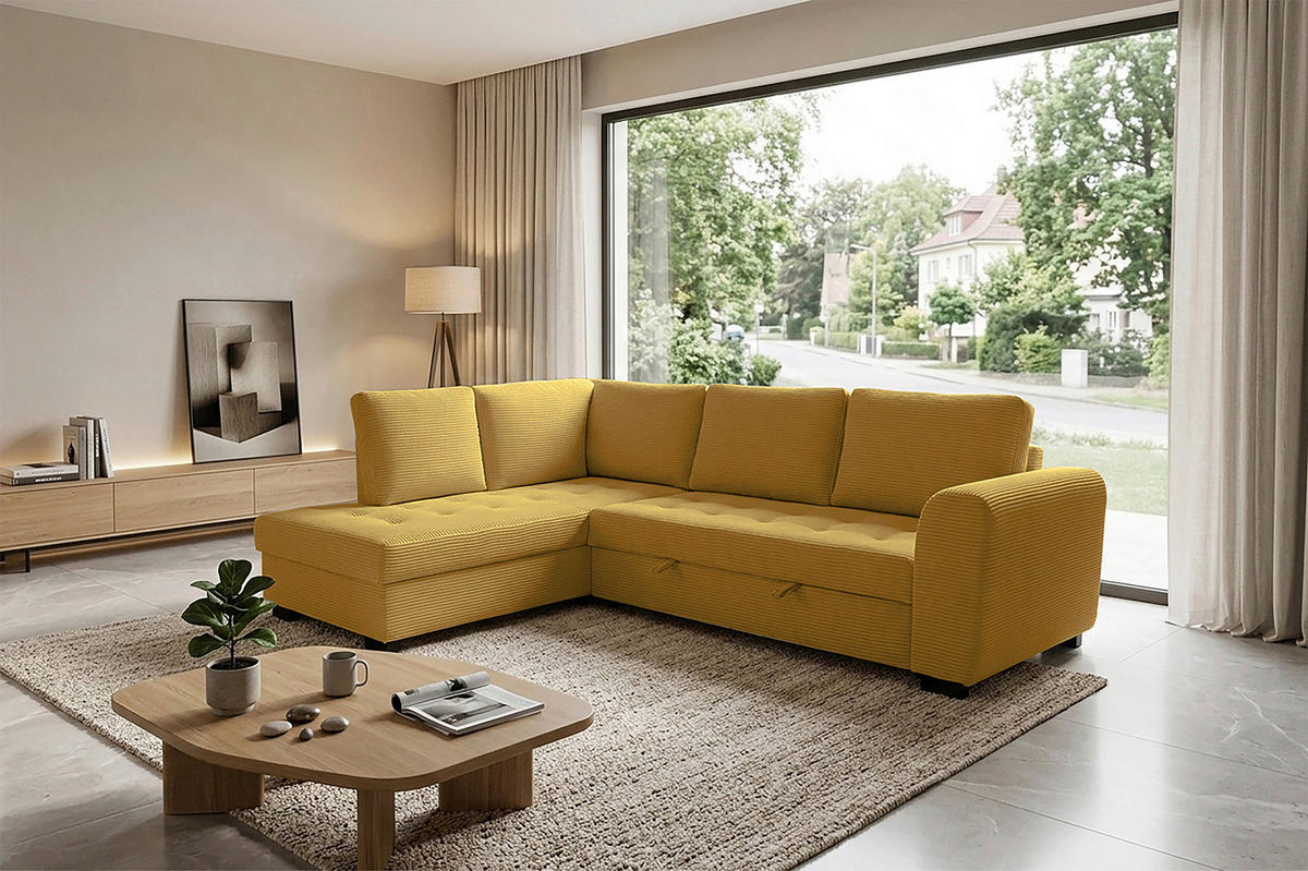 ECKSOFA JOHN Senfgelb Cord Rückenkissen, Bettkasten, Liegefläche im Originalstoff  - Senfgelb/Schwarz, Trend, Kunststoff/Textil (178/239cm) - P & B