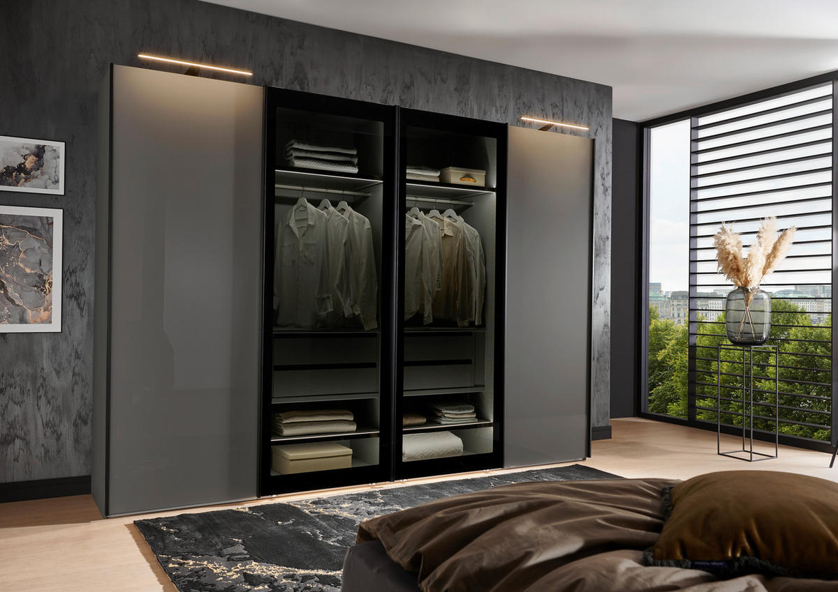 SCHWEBETÜRENSCHRANK  in Dunkelgrau, Lavagrau  - Dunkelgrau/Lavagrau, Design, Glas/Holzwerkstoff (330/236/67cm) - Novel