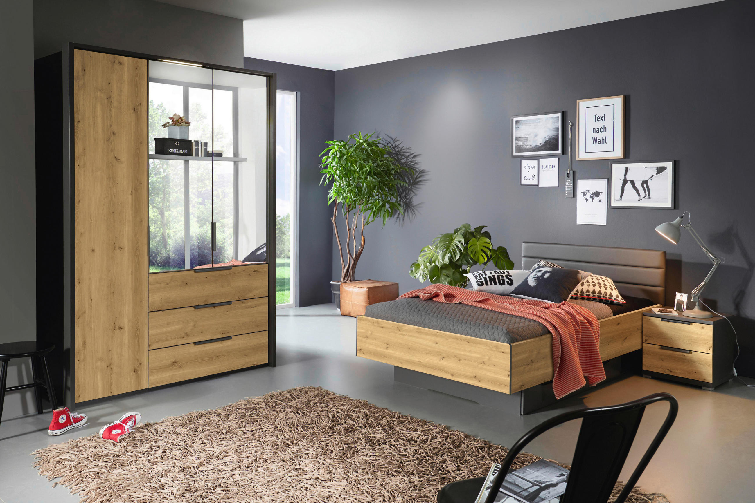 JUGENDZIMMER - Eichefarben/Graphitfarben, KONVENTIONELL, Holzwerkstoff/Textil (120/200cm) - Xora