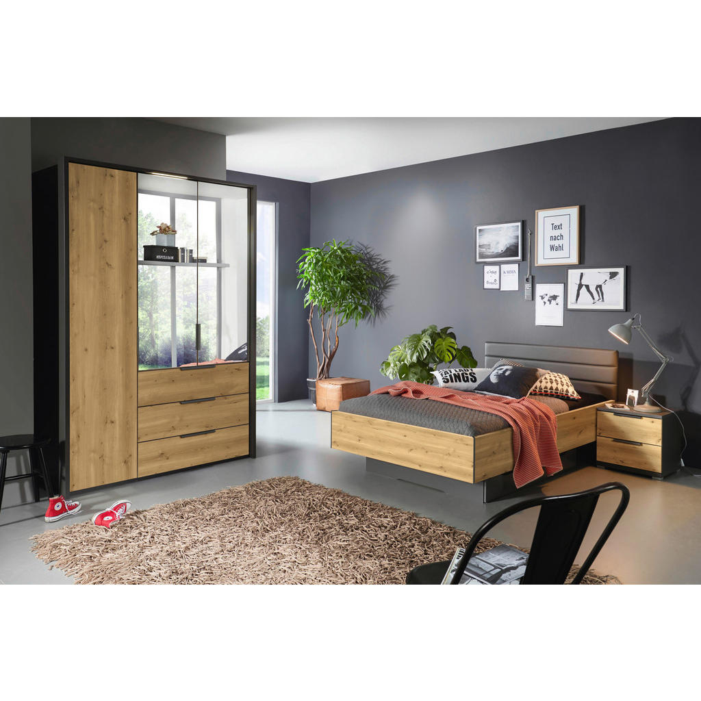 Thumbnail - Xora Kleiderschrank, Graphit, Eiche, Metall, 3 Fächer, 3 Schubladen, 151x223x62 cm, Blauer Engel, Goldenes M, BQ - Bündn...