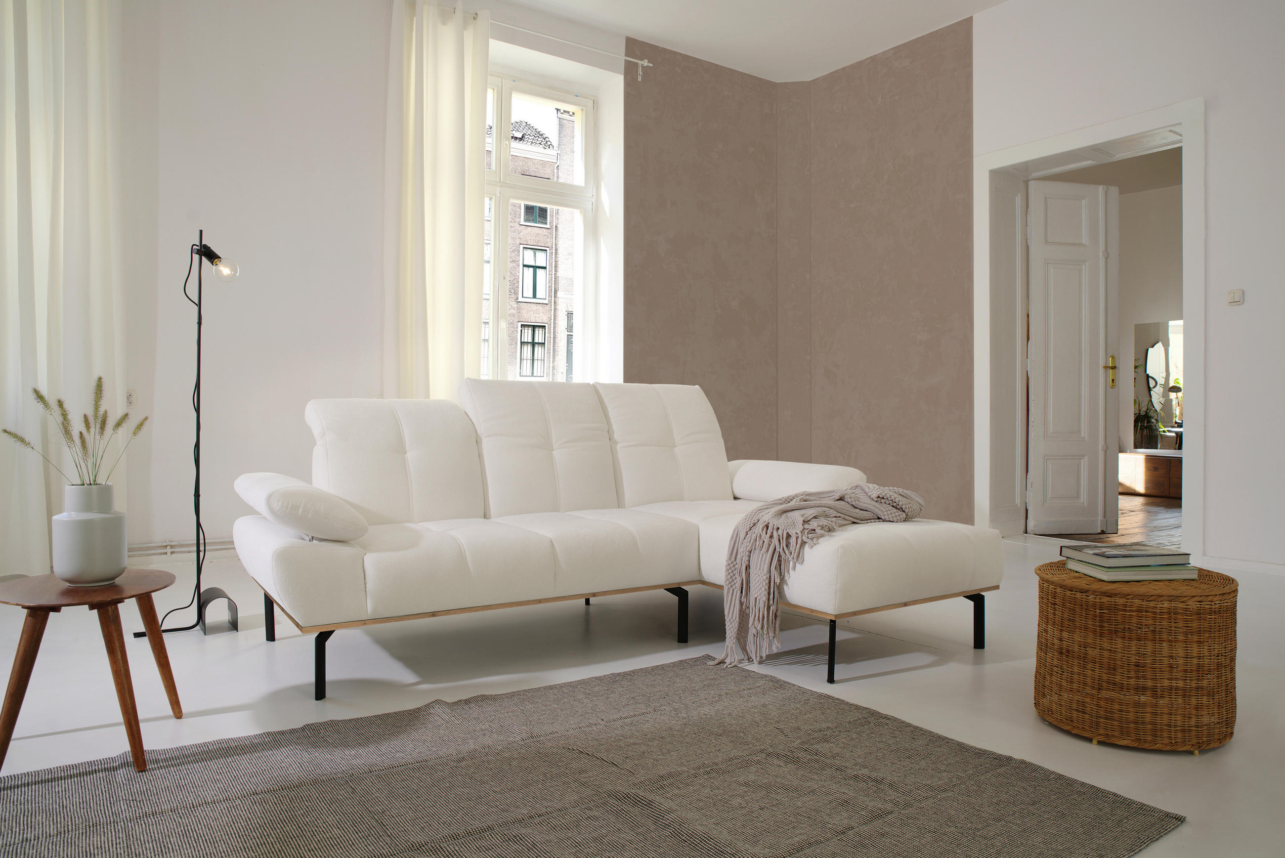 ECKSOFA in Mikrofaser Weiß  242/170 cm  - Wildeiche/Schwarz, Design, Holz/Textil (242/170cm) - MID.YOU