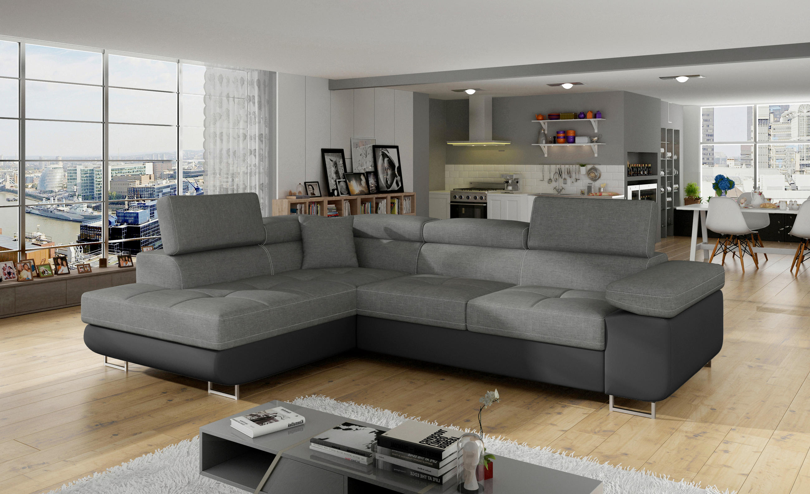 ECKSOFA in Textilgeflecht Grau, Schwarz  203/272 cm  - Chromfarben/Schwarz, Design, Textil/Metall (203/272cm) - MID.YOU