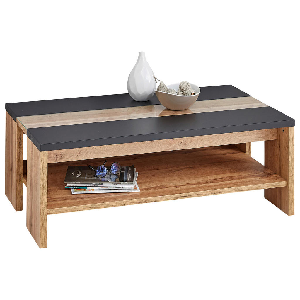 Thumbnail - Hom`in Couchtisch, Schwarz, Eiche, Glas, Holzwerkstoff, rechteckig, Wange, 65x40x110 cm, offenes Fach, Wohnzimmer, Wohnz...